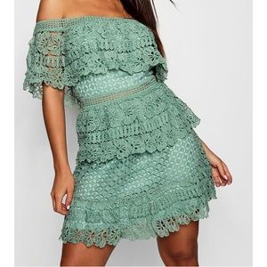 Tiered Crochet Off the Shoulder Skater Dress